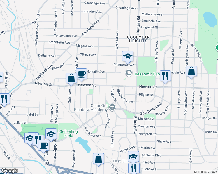 map of restaurants, bars, coffee shops, grocery stores, and more near 1434 Newton Street in Akron