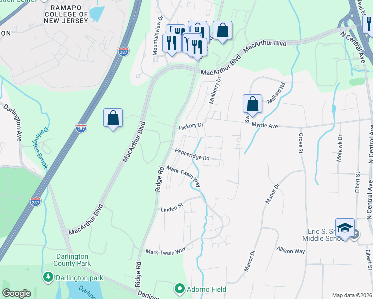 map of restaurants, bars, coffee shops, grocery stores, and more near 897 Tuliptree Court in Mahwah