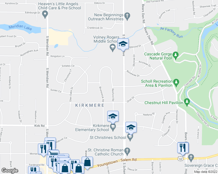 map of restaurants, bars, coffee shops, grocery stores, and more near 2698 Rexford Rd in Youngstown