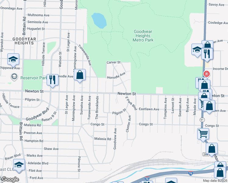 map of restaurants, bars, coffee shops, grocery stores, and more near 1901 Newton Street in Akron