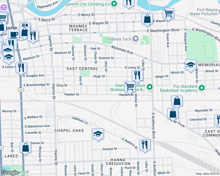 map of restaurants, bars, coffee shops, grocery stores, and more near 1312 Eliza Street in Fort Wayne