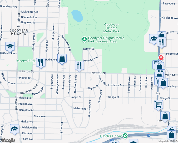 map of restaurants, bars, coffee shops, grocery stores, and more near 1901 Newton Street in Akron