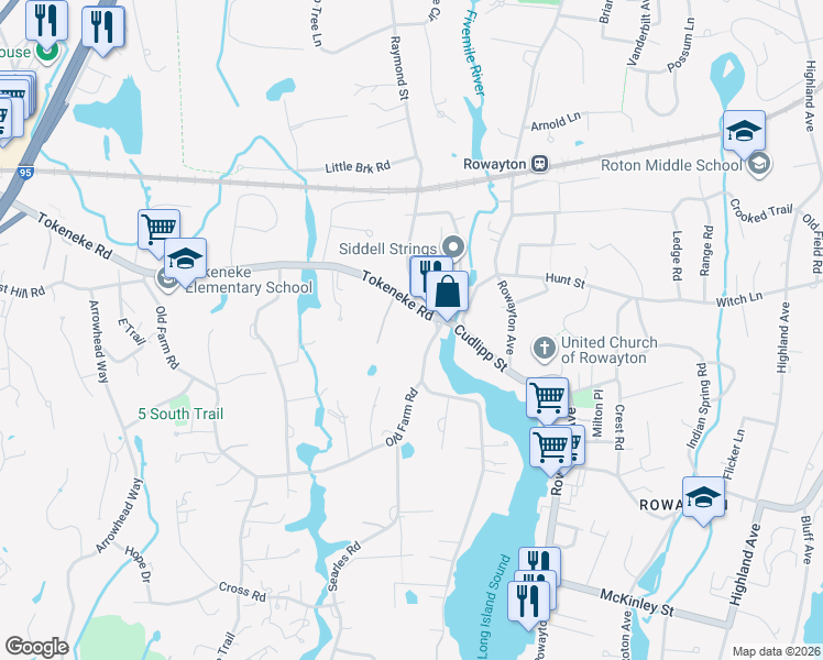 map of restaurants, bars, coffee shops, grocery stores, and more near 10 5 Mile River Road in Darien