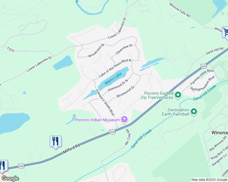 map of restaurants, bars, coffee shops, grocery stores, and more near 22 Lake of the Pines in East Stroudsburg