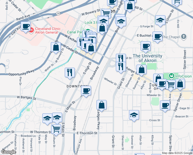 map of restaurants, bars, coffee shops, grocery stores, and more near 465 South Broadway Street in Akron