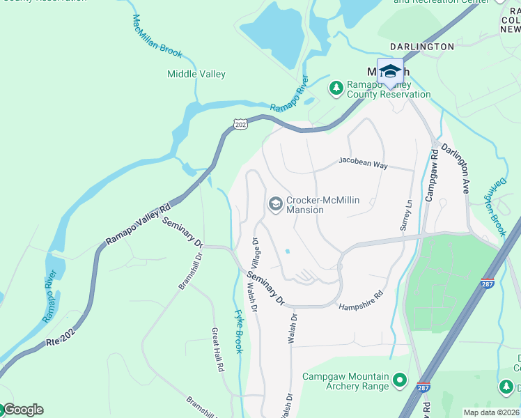 map of restaurants, bars, coffee shops, grocery stores, and more near 32 Village Drive in Mahwah