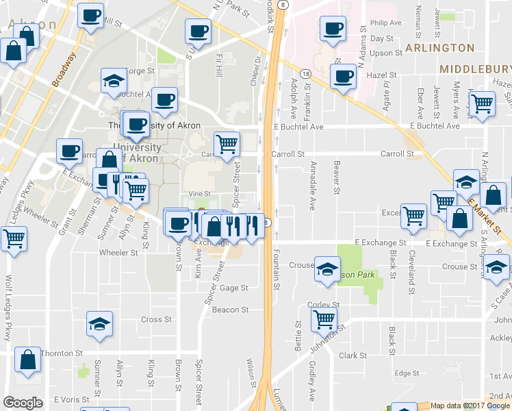 map of restaurants, bars, coffee shops, grocery stores, and more near 305 Arbawr Ct in Akron