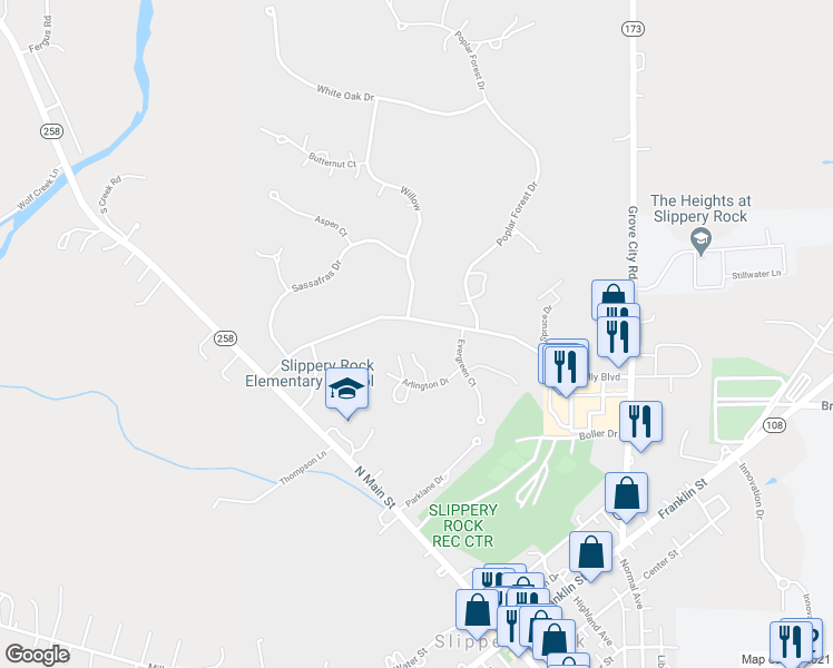 map of restaurants, bars, coffee shops, grocery stores, and more near 278 Kelly Boulevard in Slippery Rock