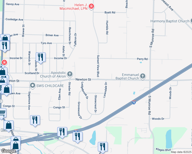 map of restaurants, bars, coffee shops, grocery stores, and more near 437 Newton Street in Tallmadge