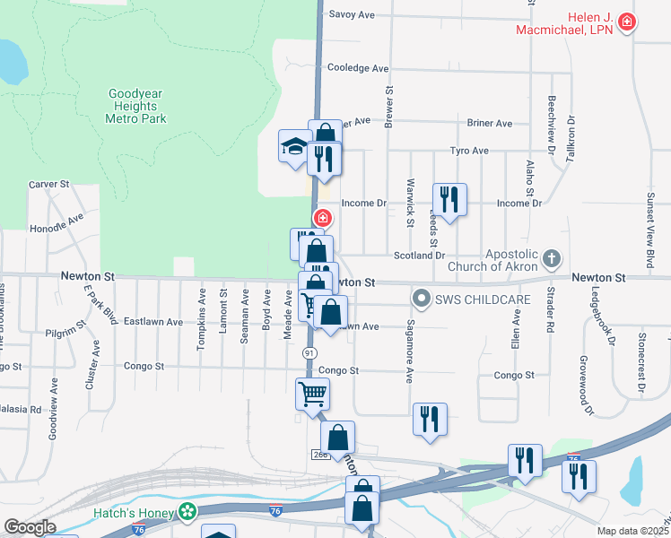 map of restaurants, bars, coffee shops, grocery stores, and more near 370 Newton Circle in Akron