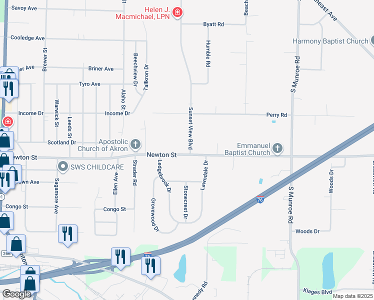 map of restaurants, bars, coffee shops, grocery stores, and more near 437 Newton Street in Tallmadge