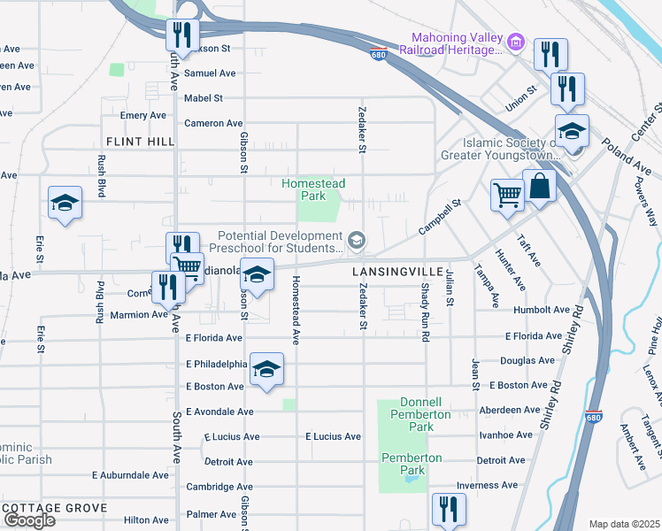 map of restaurants, bars, coffee shops, grocery stores, and more near 855 East Indianola Avenue in Youngstown