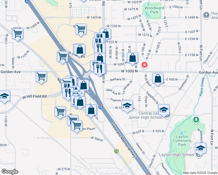 map of restaurants, bars, coffee shops, grocery stores, and more near 303 Glen Place in Layton