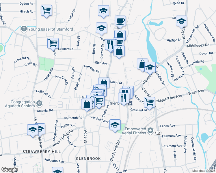 map of restaurants, bars, coffee shops, grocery stores, and more near 380 Hope Street in Stamford