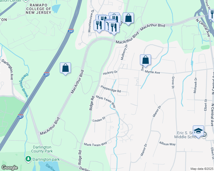 map of restaurants, bars, coffee shops, grocery stores, and more near 897 Tuliptree Court in Mahwah
