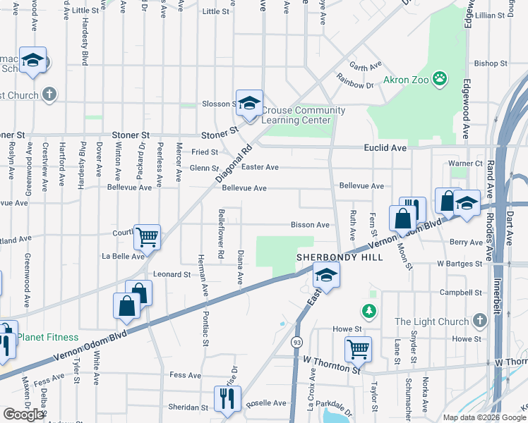 map of restaurants, bars, coffee shops, grocery stores, and more near 823 Bisson Avenue in Akron