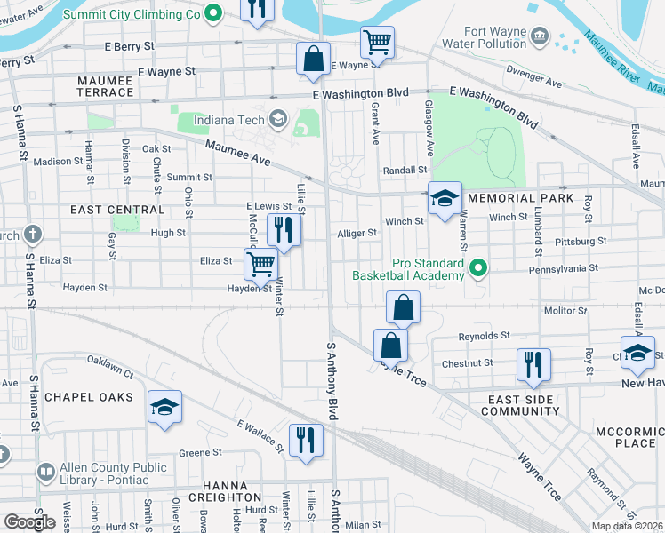 map of restaurants, bars, coffee shops, grocery stores, and more near 1402 South Anthony Boulevard in Fort Wayne