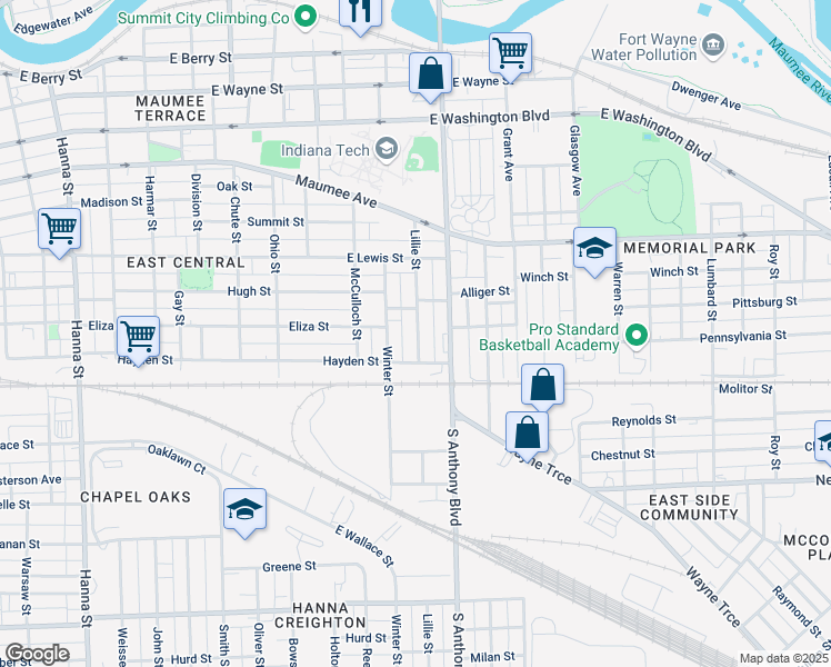 map of restaurants, bars, coffee shops, grocery stores, and more near 1410 Lillie Street in Fort Wayne