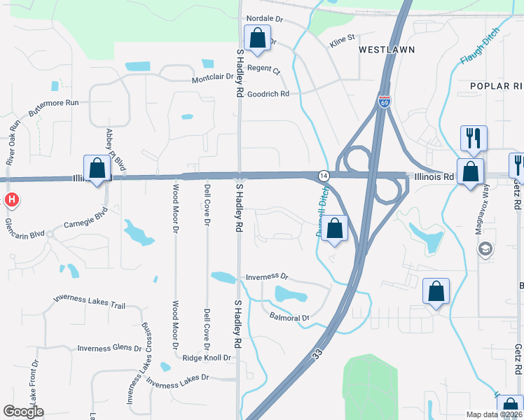 map of restaurants, bars, coffee shops, grocery stores, and more near 7120 Pointe Inverness Way in Fort Wayne