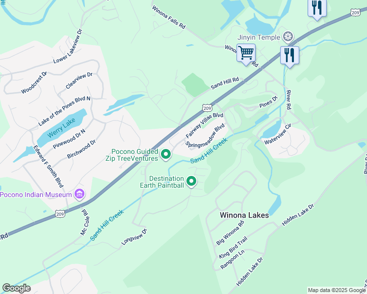 map of restaurants, bars, coffee shops, grocery stores, and more near 1540 Springmeadow Boulevard in East Stroudsburg
