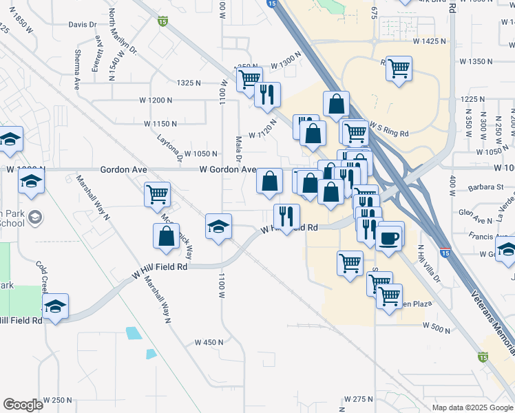 map of restaurants, bars, coffee shops, grocery stores, and more near 1074 West Hill Field Road in Layton