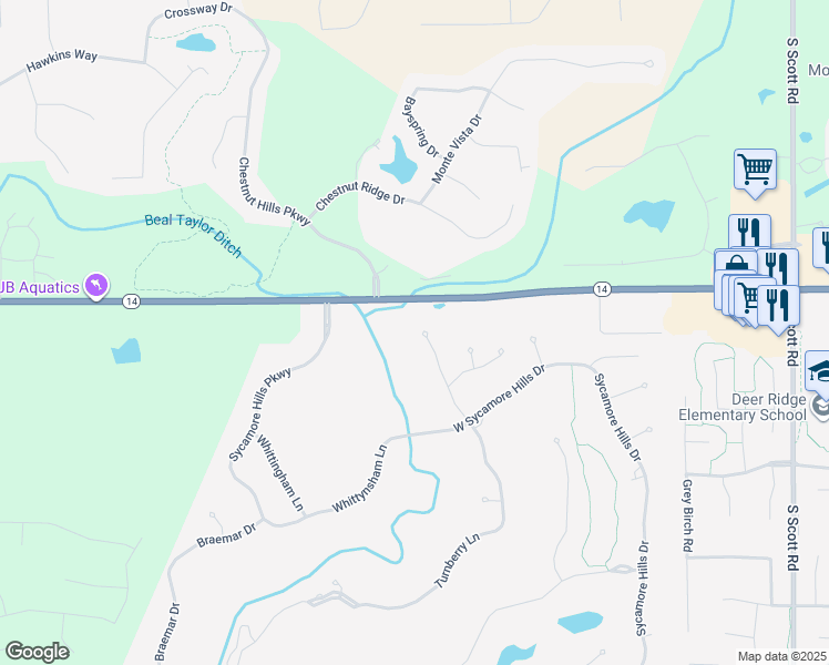 map of restaurants, bars, coffee shops, grocery stores, and more near 1312 Turnberry Lane in Fort Wayne