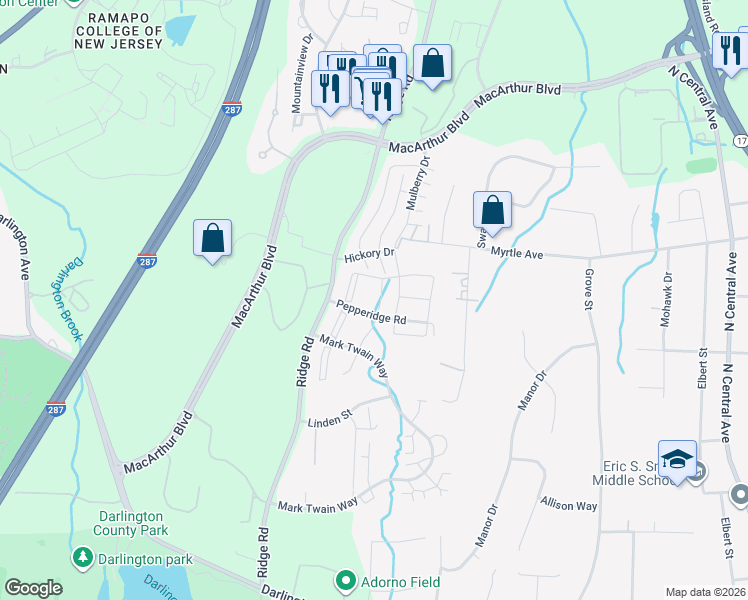 map of restaurants, bars, coffee shops, grocery stores, and more near 897 Tuliptree Court in Mahwah