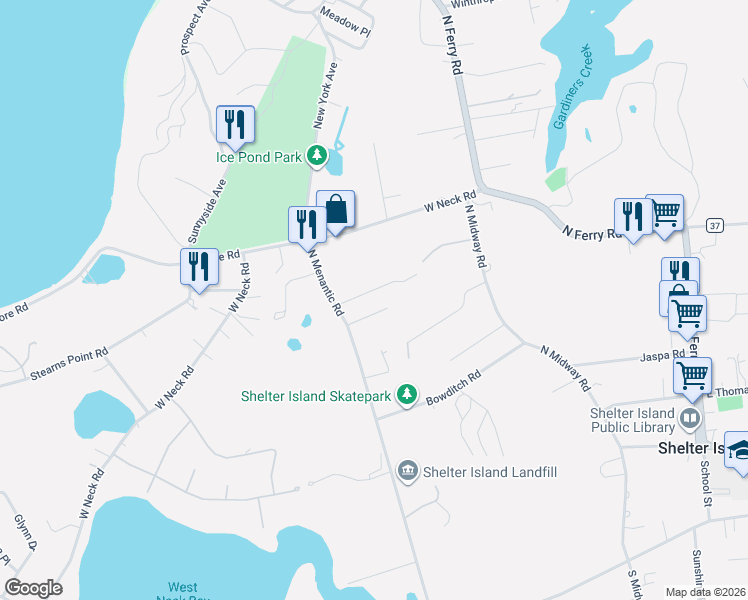map of restaurants, bars, coffee shops, grocery stores, and more near 70B North Menantic Road in Shelter Island