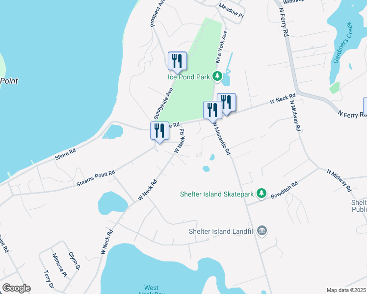 map of restaurants, bars, coffee shops, grocery stores, and more near 53 West Neck Road in Shelter Island Heights