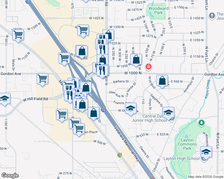 map of restaurants, bars, coffee shops, grocery stores, and more near 303 Glen Place in Layton