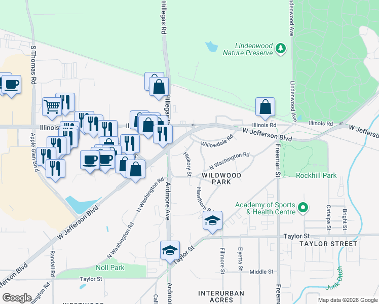 map of restaurants, bars, coffee shops, grocery stores, and more near 3623 Mulberry Rd in Fort Wayne