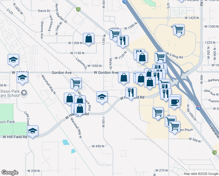map of restaurants, bars, coffee shops, grocery stores, and more near 889 North 1125 West in Layton