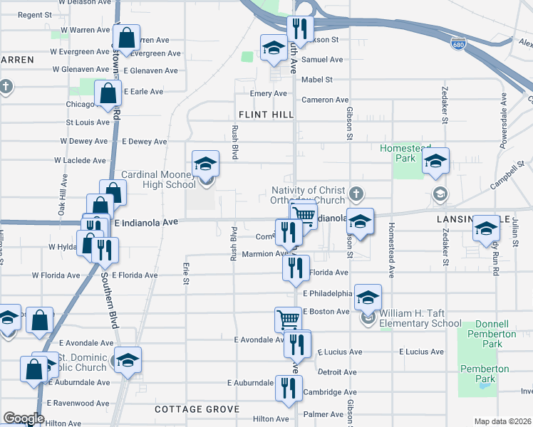 map of restaurants, bars, coffee shops, grocery stores, and more near 432 East Indianola Avenue in Youngstown