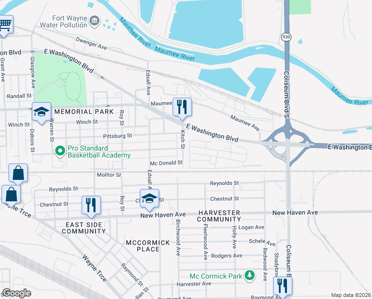 map of restaurants, bars, coffee shops, grocery stores, and more near 1501 Kitch Street in Fort Wayne