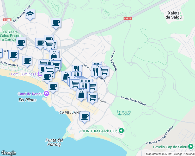 map of restaurants, bars, coffee shops, grocery stores, and more near 15 Carrer del Priorat in Salou