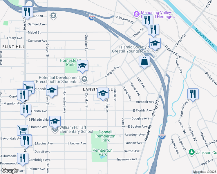 map of restaurants, bars, coffee shops, grocery stores, and more near 2705 Shady Run Road in Youngstown