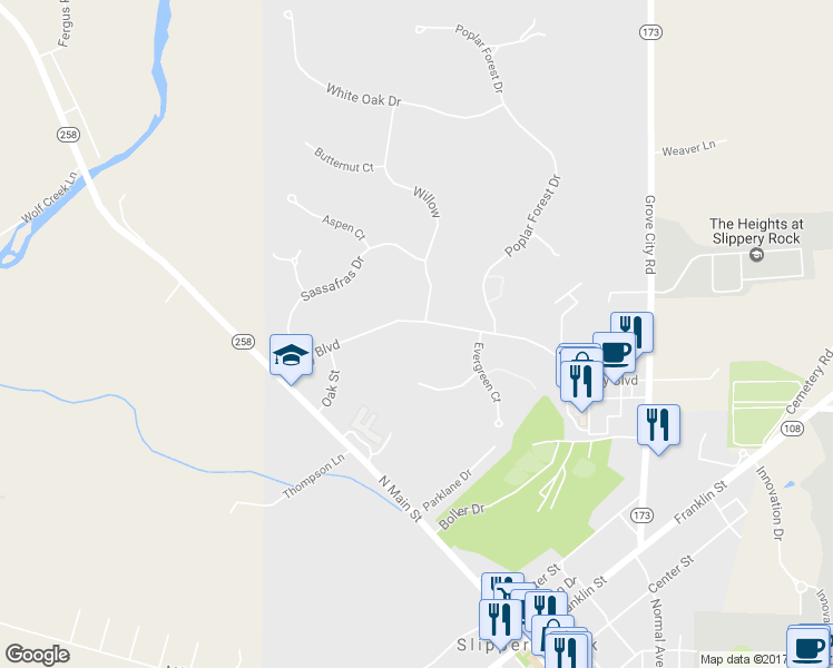 map of restaurants, bars, coffee shops, grocery stores, and more near 258 Kelly Boulevard in Slippery Rock