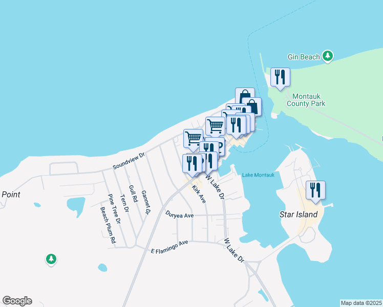 map of restaurants, bars, coffee shops, grocery stores, and more near 548 West Lake Drive in Montauk