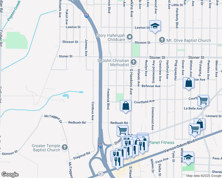 map of restaurants, bars, coffee shops, grocery stores, and more near 1329 Frederick Boulevard in Akron