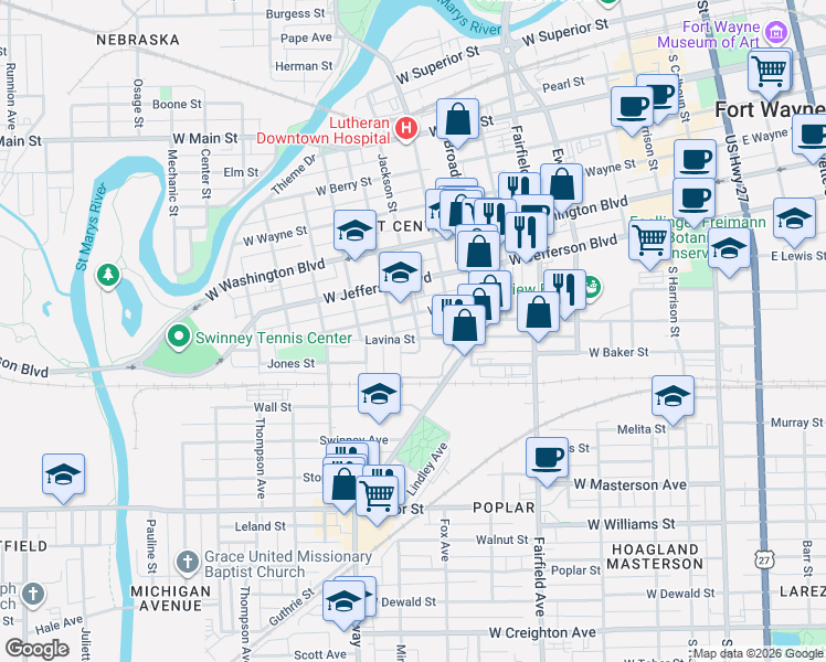 map of restaurants, bars, coffee shops, grocery stores, and more near 914 Lavina Street in Fort Wayne