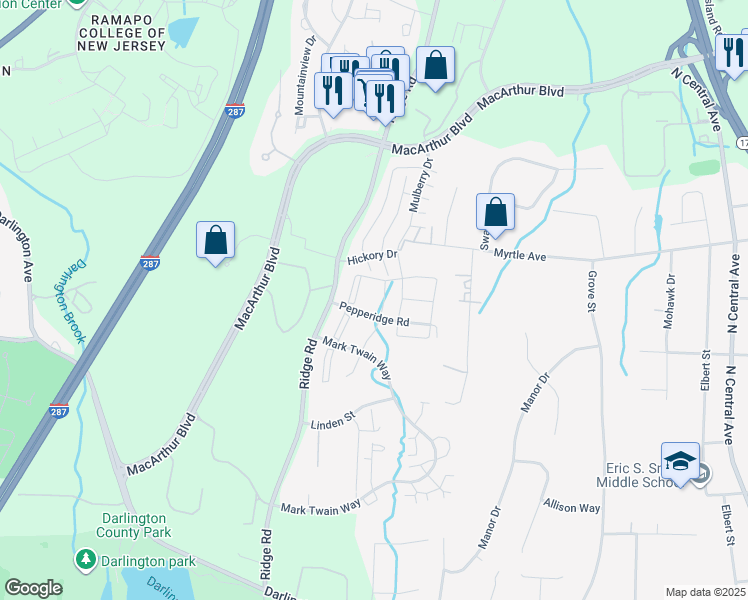 map of restaurants, bars, coffee shops, grocery stores, and more near 897 Tuliptree Court in Mahwah