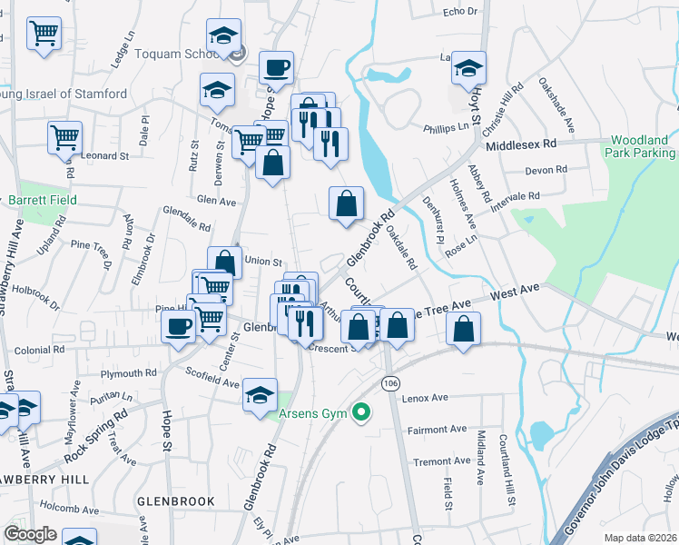 map of restaurants, bars, coffee shops, grocery stores, and more near 596 Glenbrook Road in Stamford