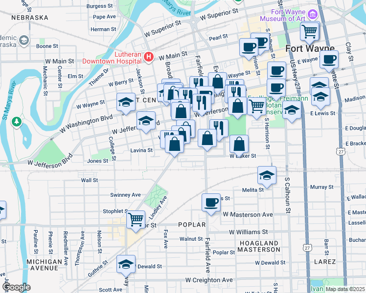 map of restaurants, bars, coffee shops, grocery stores, and more near 1313 Broadway in Fort Wayne