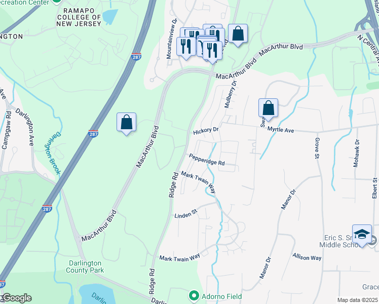 map of restaurants, bars, coffee shops, grocery stores, and more near 981 Juniper Way in Mahwah
