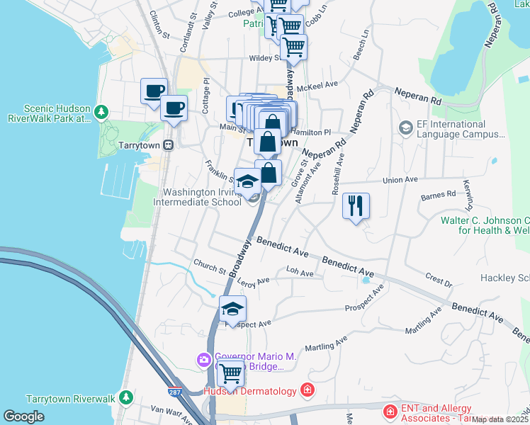 map of restaurants, bars, coffee shops, grocery stores, and more near 85 Grove Street in Tarrytown