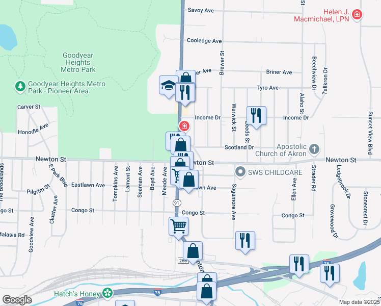 map of restaurants, bars, coffee shops, grocery stores, and more near 370 Newton Circle in Akron