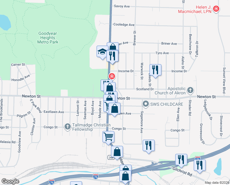 map of restaurants, bars, coffee shops, grocery stores, and more near 370 Newton Circle in Akron