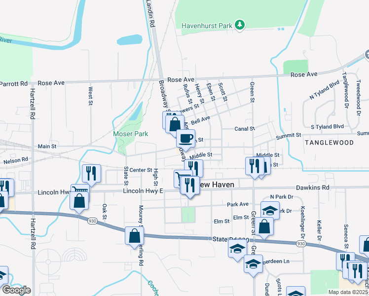 map of restaurants, bars, coffee shops, grocery stores, and more near 505 Broadway Street in New Haven