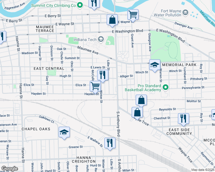 map of restaurants, bars, coffee shops, grocery stores, and more near 1410 Lillie Street in Fort Wayne