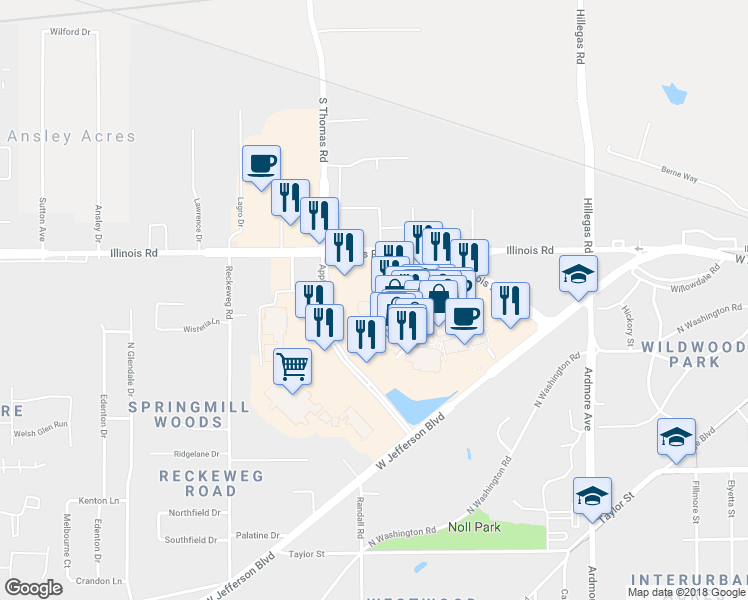 map of restaurants, bars, coffee shops, grocery stores, and more near 4250 Illinois Road in Fort Wayne